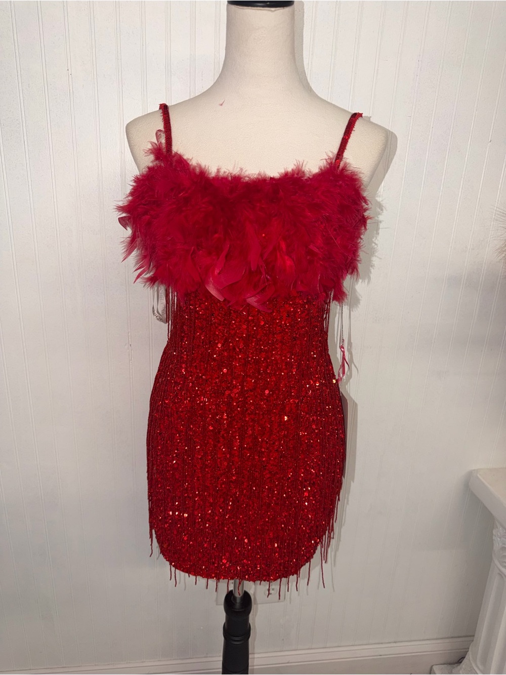 Rachel Allan Red Sequin Fringe Cocktail Dress